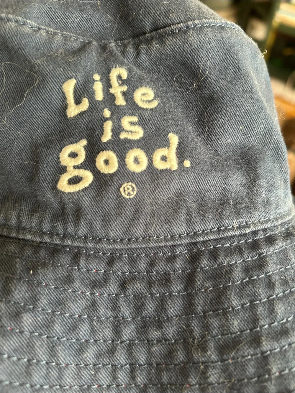 Life is Good Navy Bucket Hat with Red Chin Strap
